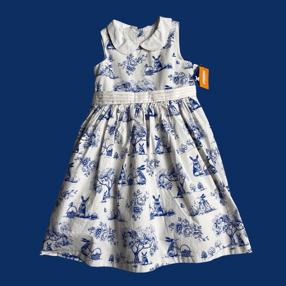 Gymboree Cotton Bunny Toile Easter Dress Blue & White Girls Sz 8 New